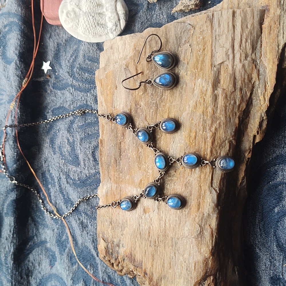 Iridescent Blue Cascading Necklace And Earring Set - Picture 2 of 6